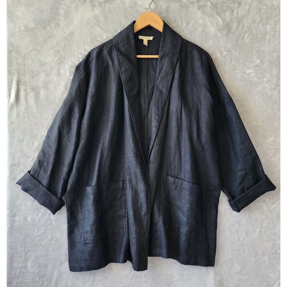 Eileen Fisher Linen Jacket Womens Size Large Open Front Pockets Shawl Collar